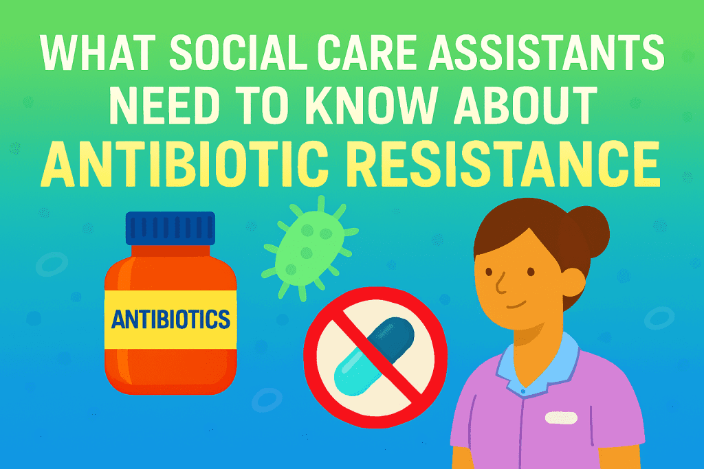 Colourful illustration of antibiotic resistance, showing bacteria, pills, and healthcare worker to highlight infection control in care settings
